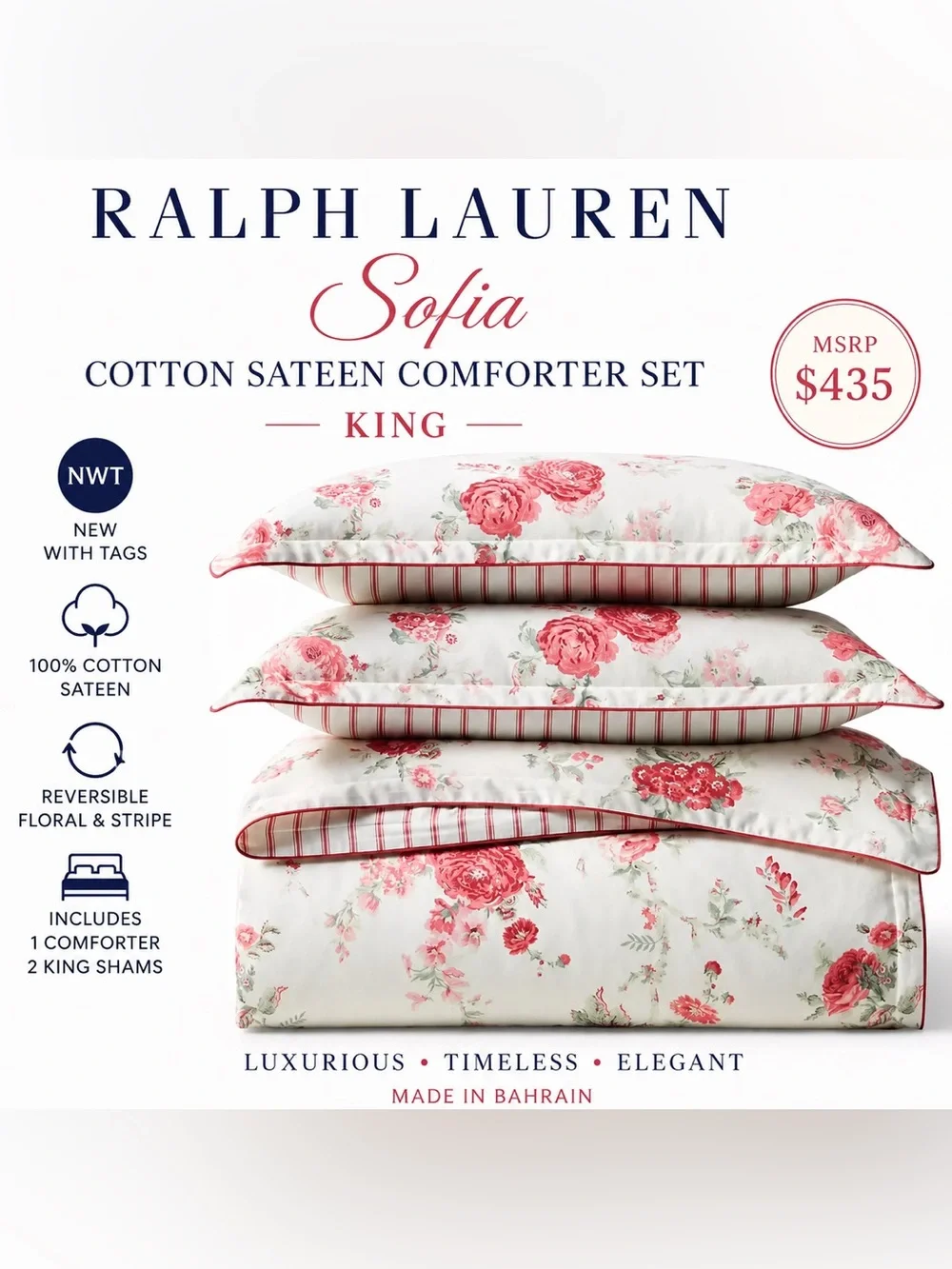 Ralph Lauren Sofia Cotton Sateen King Comforter Set Floral NWT MSRP $435